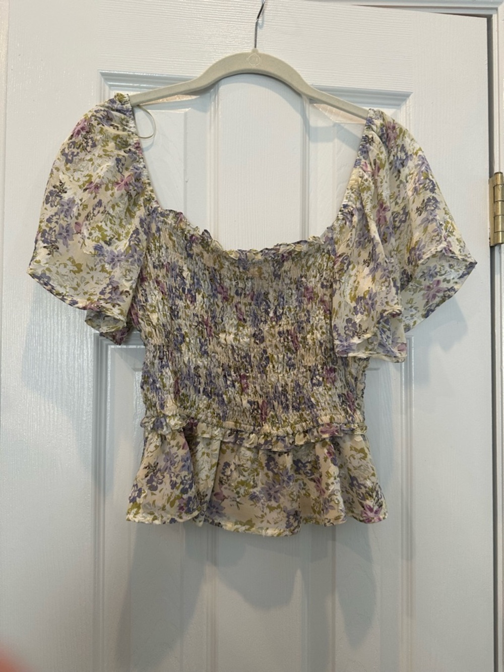 Astr Lavender and Cream Smocked Flutter-Sleeve Blouse - Picture 2 of 3